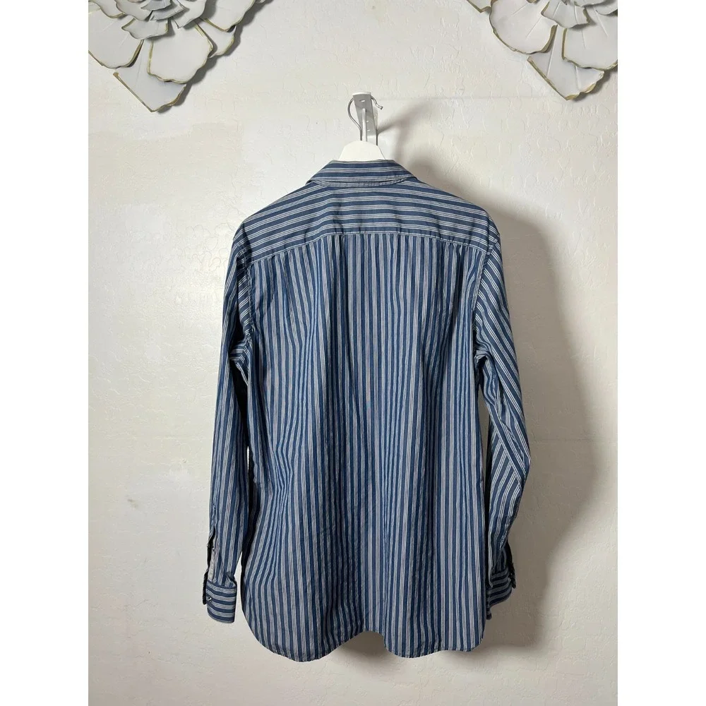 Banana Republic Pearl Snap Shirt Western Mens Size L Slim Fit Blue White Striped